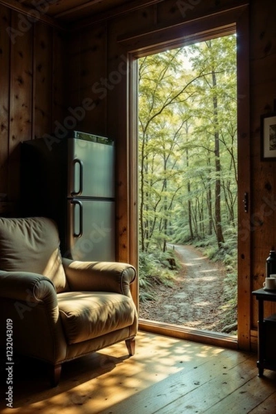 Obraz Serene Cabin Interior with Luminous Forest Escape