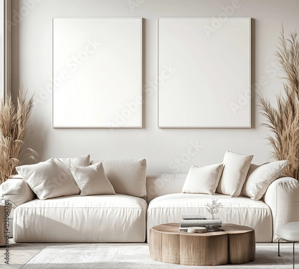 Fototapeta Boho living room with white walls, two blank and empty wall art mockups hanging on the wall, neutral tones, cozy bohemian-style interior design, planters in the background, do not block the 
