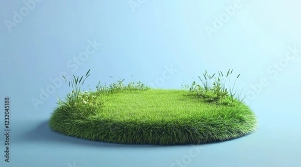 Fototapeta Abstract grass podium on a blue background, minimalist style 3D rendering