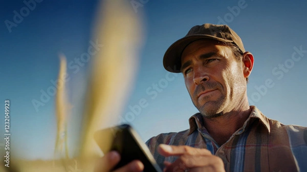 Obraz Farmer utilizing mobile technology for AI data analysis in a rural field at sunset
