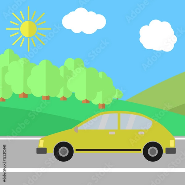 Fototapeta Yellow Car on a Road on a Sunny Day. Summer Travel Illustration.
