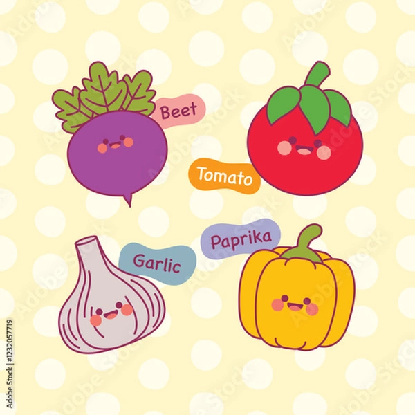 Fototapeta Groovy Cartoon Vegetables Set. Cute Smiling Vegetable Characters with Plants. Fun and Playful Food Illustration for Stickers, Prints, and More.