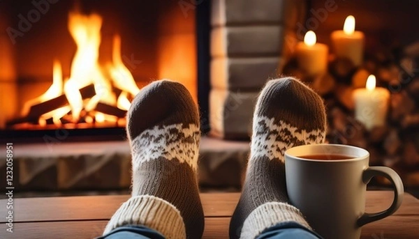 Fototapeta entspannung mit in wollsocken gepackte fusse vor einem kamin und einem heissen getrank