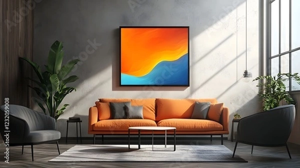 Fototapeta Cozy and inviting modern living room interior with a large comfortable orange sofa sleek coffee table and a vibrant abstract artwork framed on the wall