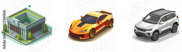 Fototapeta Isometric view showcasing a stadium, a sports car, and an SUV.  Modern architecture and vehicle design are depicted.