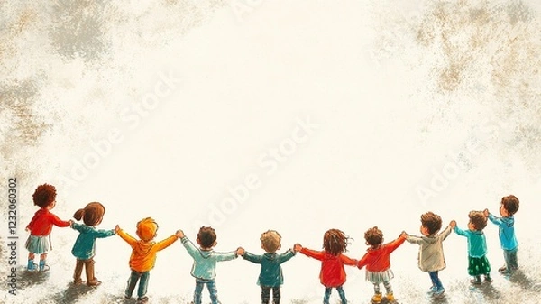 Fototapeta A playful background with colorful illustrations of children playing around the borders, leaving a blank space in the middle for text, perfect for kid-themed content	