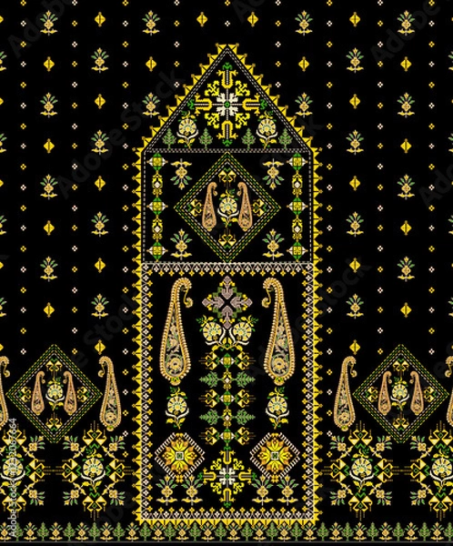 Obraz Beautiful floral neckline embroidery on brown background.geometric ethnic oriental pattern traditional.Aztec style abstract vector illustration.design for texture,fabric,fashion women wearing,print.