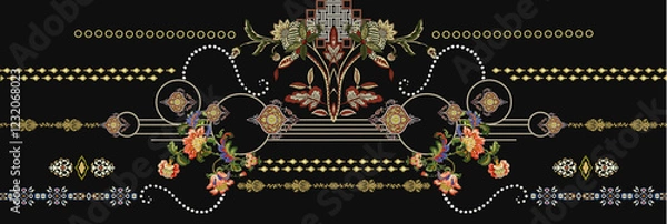 Obraz Ikat floral paisley embroidery on black background.geometric ethnic oriental pattern traditional.Aztec style abstract vector illustration.design for texture,fabric,clothing,wrapping,decoration