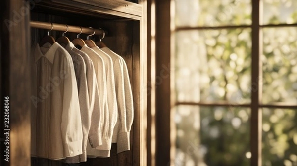 Fototapeta Sunlit wardrobe with neatly hanging shirts.