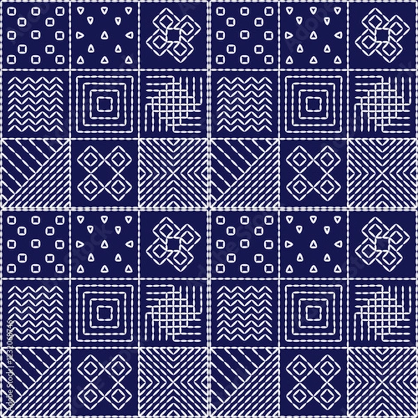 Fototapeta Japanese stitch embroidery Sashiko abstract artwork seamless geometric pattern printed background fabric wallpaper hand drawn line

