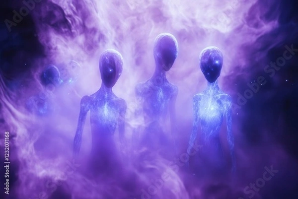 Fototapeta ethereal bioluminescent aliens with translucent skin and crystalline features emerge from a misty purple nebula, their elegant forms silhouetted against swirling cosmic gases