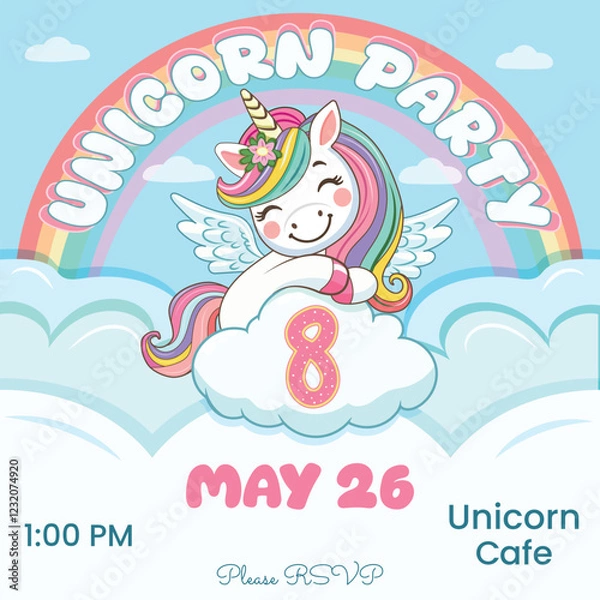 Fototapeta Birthday party invitation template with cute unicorn hugs cloud with number 8. Vector illustration.