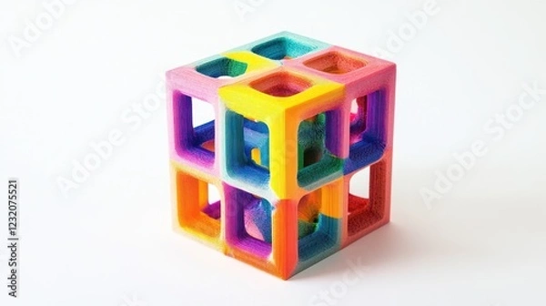 Fototapeta Colorful 3D-printed cube with interlocking squares.