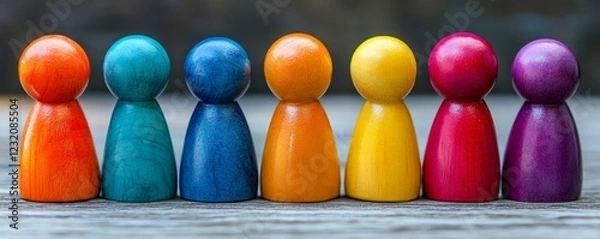 Fototapeta seven colorful wooden figures standing in a line, representing diversity and inclusion 