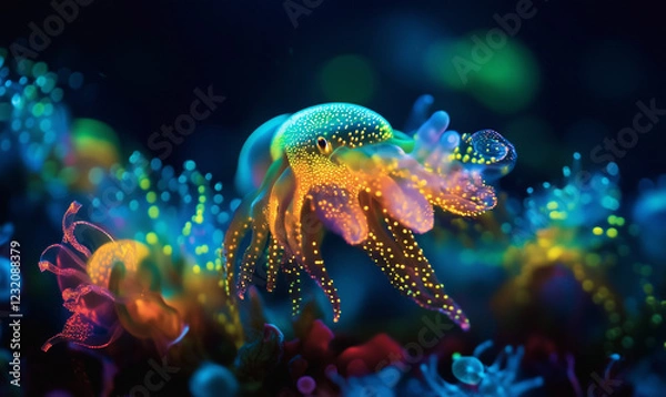 Fototapeta Glowing Underwater Creatures in the Deep Sea, Illuminating the Ocean's Mysterious Depths