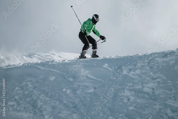 Fototapeta Energetic skier gliding down a snowy peak under a bright sky, showcasing adventurous skills on the slopes. The serene landscape contrasts the action, depicting winter sports excitement and