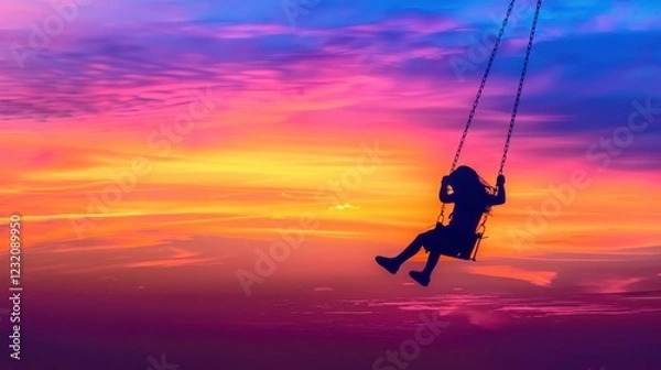 Fototapeta Child Enjoys Swinging During a Breathtaking Sunset With Colorful Skies Filled With Vibrant Hues