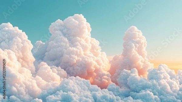 Obraz Aerial view of fluffy cumulus clouds illuminated by warm sunset light. Soft pastel colors dominate the scene, creating a serene and peaceful