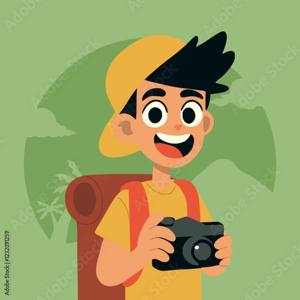 Obraz young man holding camera while traveling
