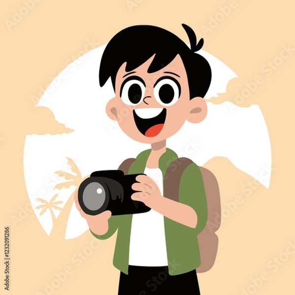 Obraz teen boy holding camera while traveling