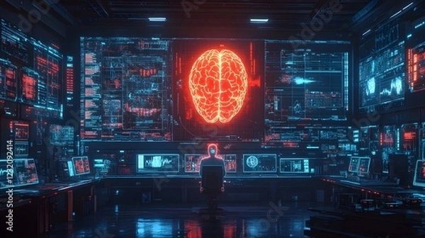 Fototapeta Bustling futuristic lab with a central figure in a glowing suit connected to a floating brain illuminated by neon lights surrounded by screens showcasing scientific diagrams and data