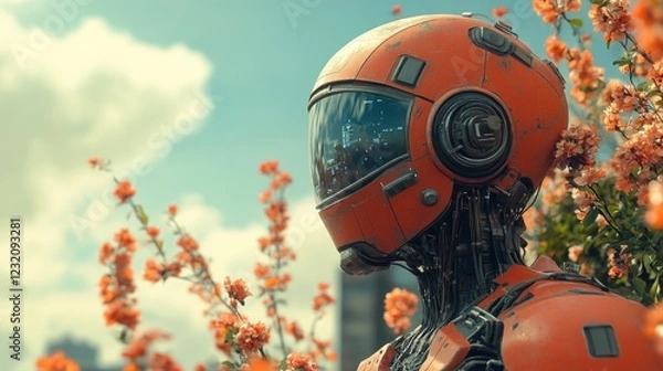 Obraz Rusty Robot's Spring Awakening: A Digital Painting of a Futuristic Android Amidst Blossoming Flowers