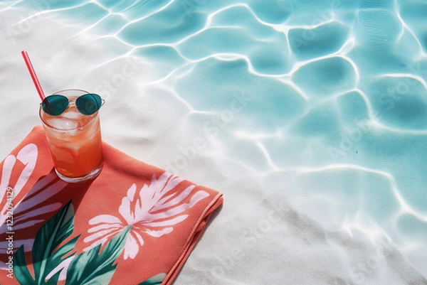 Obraz A beach umbrella and towel on white sand, with a tropical drink and sunglasses, summer vacation vibes