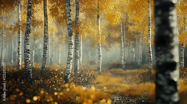 Fototapeta A serene autumn forest with birch trees and golden foliage.