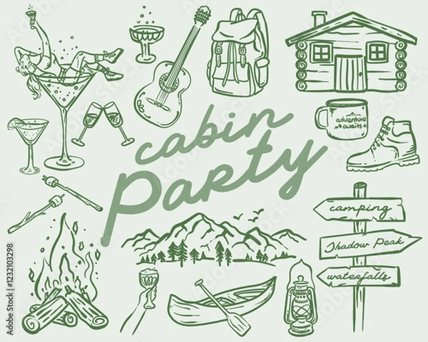 Fototapeta Beautiful whimsical hand drawn style Cabin Party illustration set, vector element collection