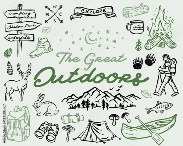 Fototapeta Beautiful whimsical hand drawn style The Great Outdoorsillustration set, vector element collection