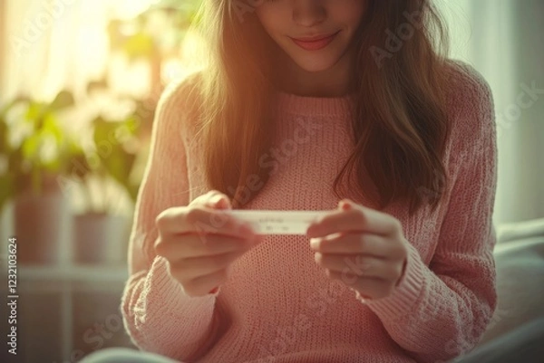 Fototapeta Close-up young woman checking on the pregnancy test and the result is positive