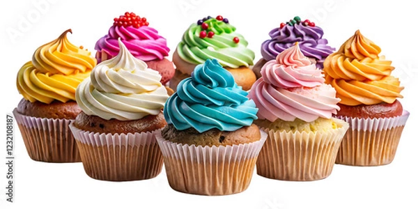 Fototapeta Set of cupcakes with colorful cream on a transparent background.