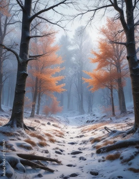 Fototapeta Frosty forest scene with bare trees and snowflakes falling gently from the sky, winter landscape, serene forest, bare trees