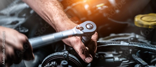 Fototapeta Auto mechanic working in garage. Repair service. Motion blur shot