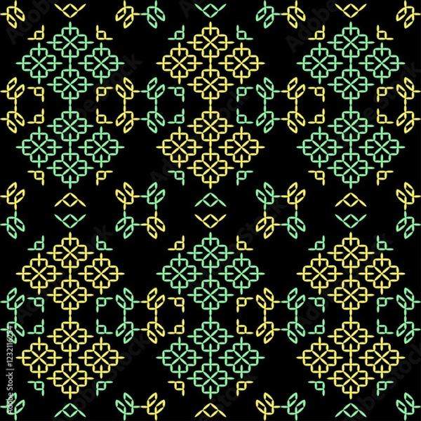 Fototapeta India stitch Kasuti embroidery abstract artwork seamless geometric pattern printed background fabric wallpaper hand drawn line colorful black ethnic

