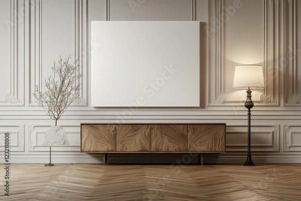 Fototapeta Modern minimalist interior with blank canvas, wooden sideboard, and floor lamp on herringbone floor.