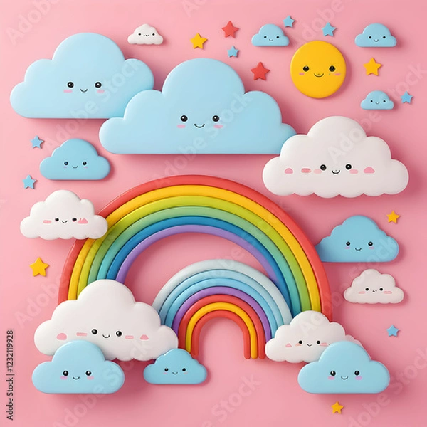 Fototapeta A cute rainbow features vibrant colors in an arc, often symbolizing happiness, hope, and beauty in a cheerful, playful way.