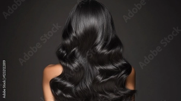 Fototapeta Model showing long shiny black wavy hair from behind