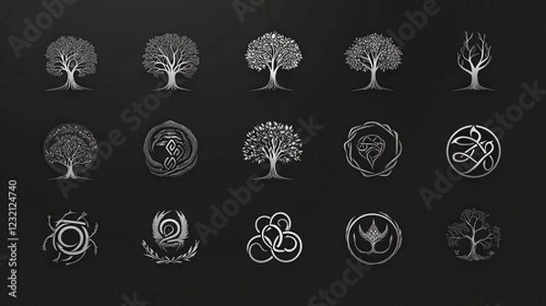 Obraz Collection of sixteen silver tree and circle illustrations on a dark background. Each design features unique branching patterns and shapes, creating