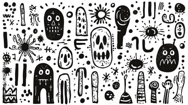 Fototapeta Abstract Black and White Illustration Featuring Playful and Quirky Characters, Shapes, and Patterns Suitable for Backgrounds in Various Creative Projects