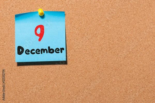 Fototapeta December 9th. Day 9 of month, Calendar on cork notice board. Winter time. Empty space for text
