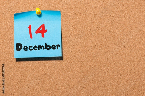 Fototapeta December 14th. Day 14 of month, Calendar on cork notice board. Winter time. Empty space for text