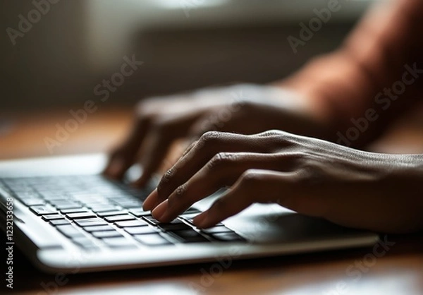 Fototapeta A person is typing on a laptop with their hand on the keyboard