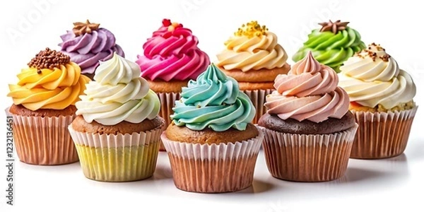 Fototapeta Set of cupcakes with colorful cream on a white background.