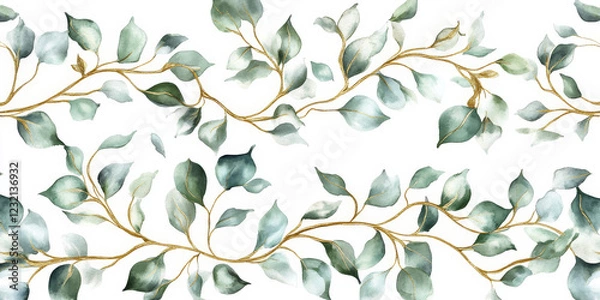 Fototapeta Delicate watercolor border featuring soft green leaves and golden branches, arranged in a flowing, seamless pattern. Ideal for creating beautiful wedding backdrops, greeting cards, or DIY projects.