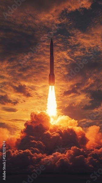 Obraz Rocket launching at sunset creating a bright light behind clouds
