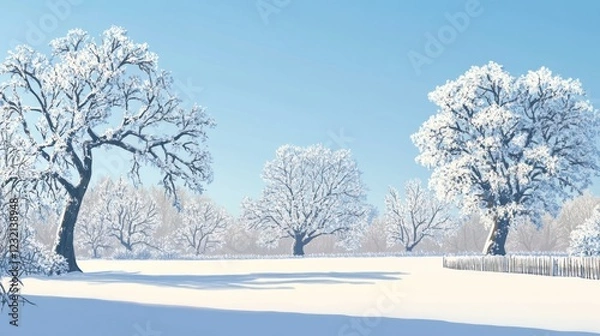 Fototapeta Snowy winter landscape, trees covered in frost, peaceful scene, idyllic background for winter designs