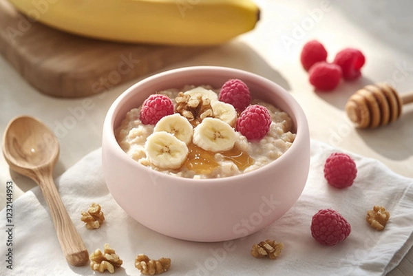 Obraz A pink ceramic bowl filled with creamy banana and honey porridge, topped with walnuts and raspberries