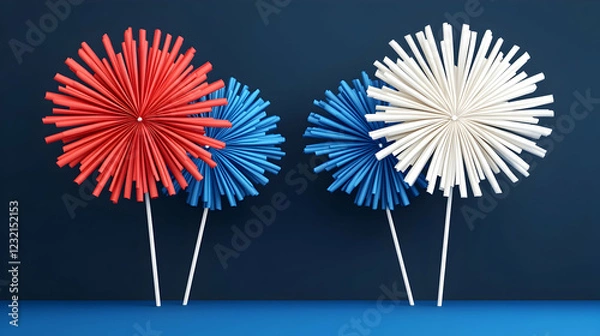 Fototapeta Festive red, white, and blue burst decorations on a dark blue background; ideal for holiday celebrations
