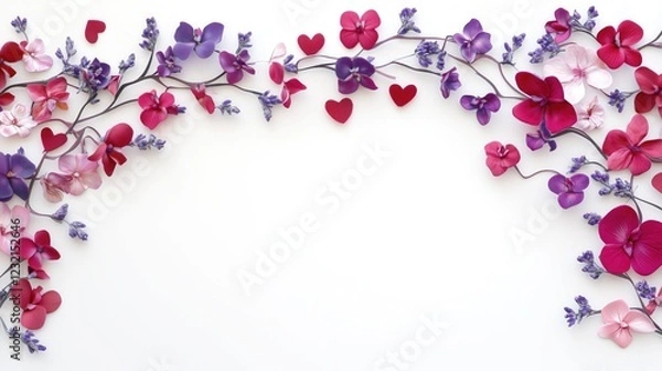 Fototapeta Elegant floral border with pink, purple and red flowers and heart - shaped elements on a white background, suitable for romantic designs and Valentine's Day.